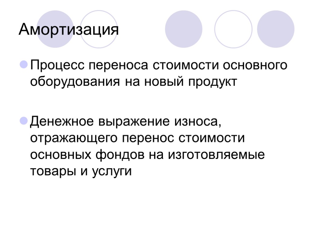 Амортизация Процесс переноса стоимости основного оборудования на новый продукт Денежное выражение износа, отражающего перенос